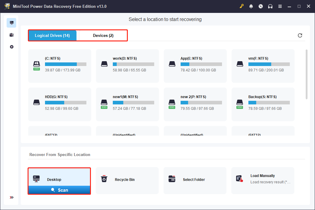 MiniTool Power Data Recovery main interface shows the partitions, locations, and devices to scan.