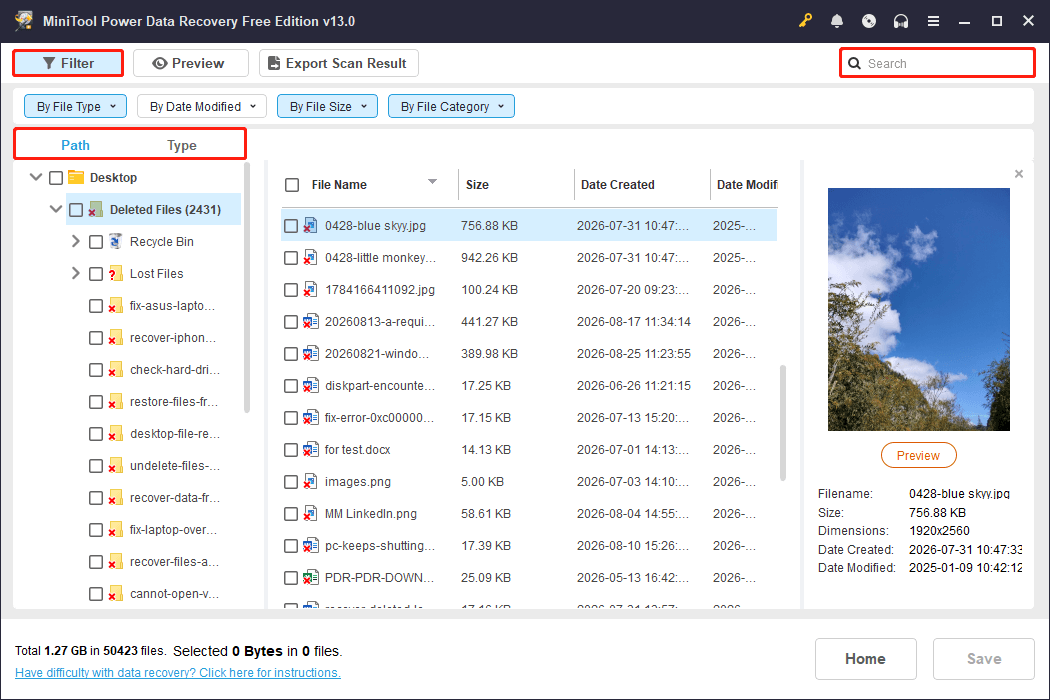 MiniTool Power Data Recovery interface shows the scan results and the Path, Type, Filter, and Search features.