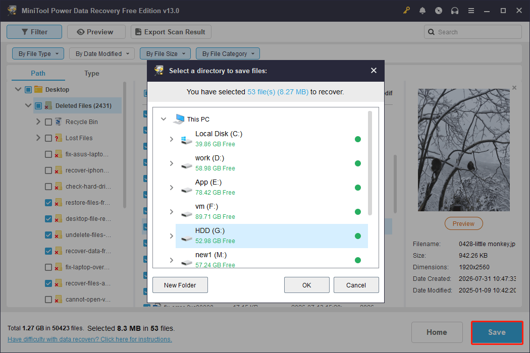 MiniTool Power Data Recovery interface shows the Save button and file saving window.