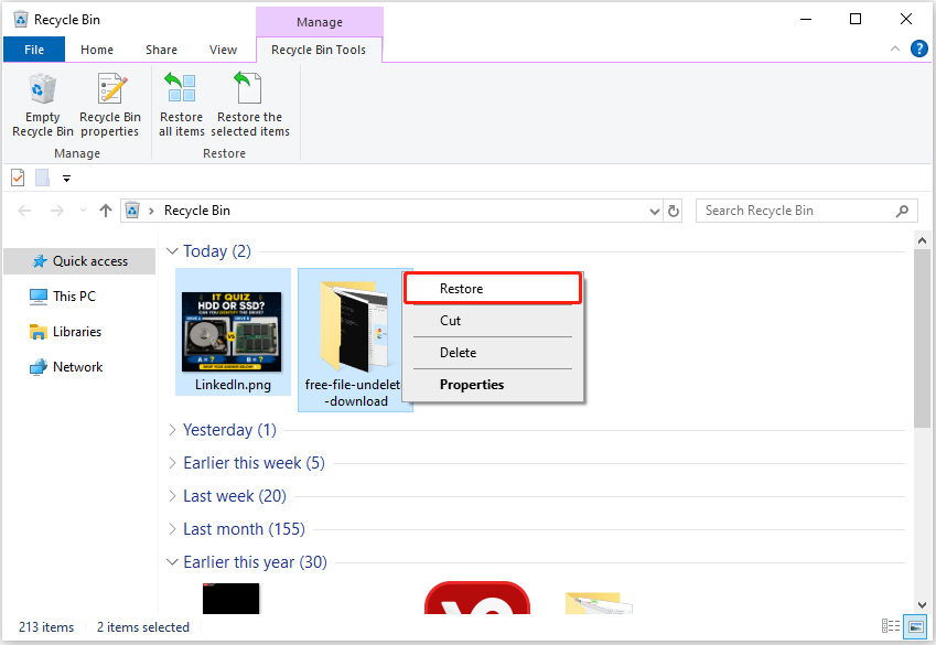 Windows Recycle Bin window showing deleted files, with two items selected and the Restore button available.