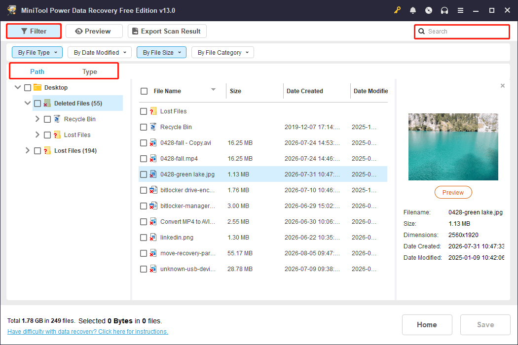 MiniTool Power Data Recovery window shows recoverable files and the Path, Type, Filter, and Search features.