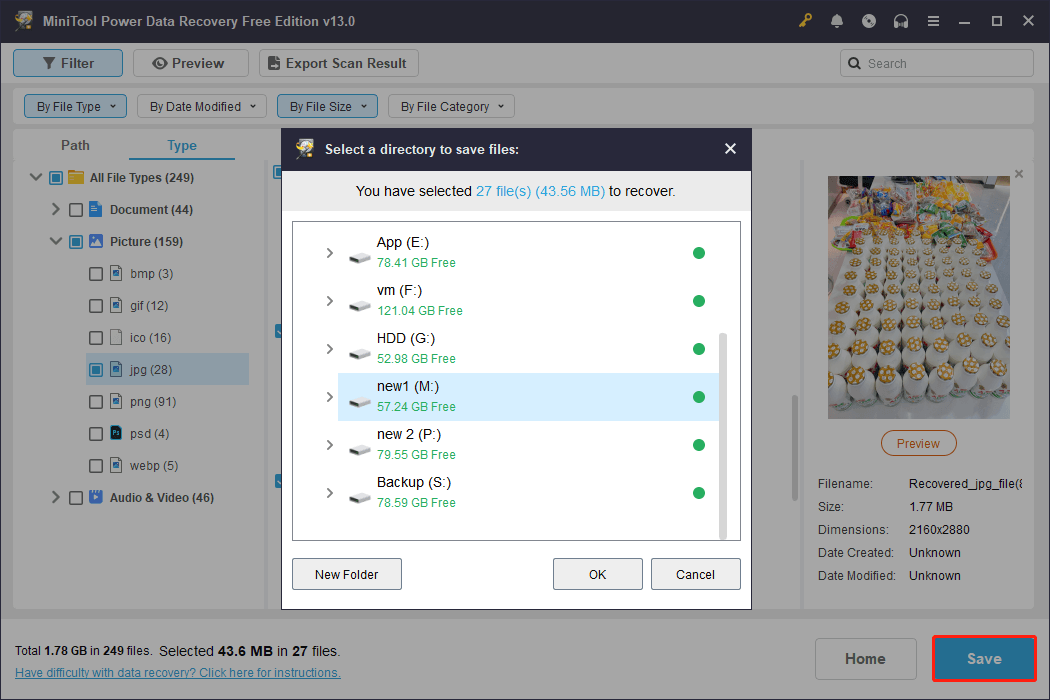 MiniTool Power Data Recovery interface shows the Save button and the file saving prompt window.