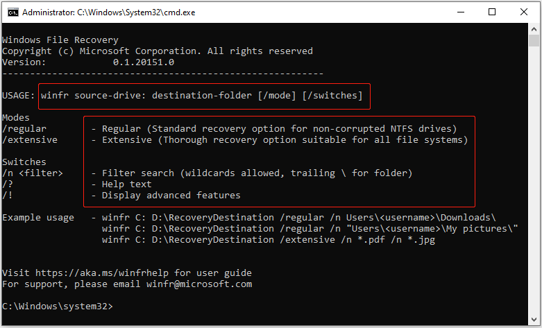 Windows File Recovery window shows the command syntax and explanations of each parameter.