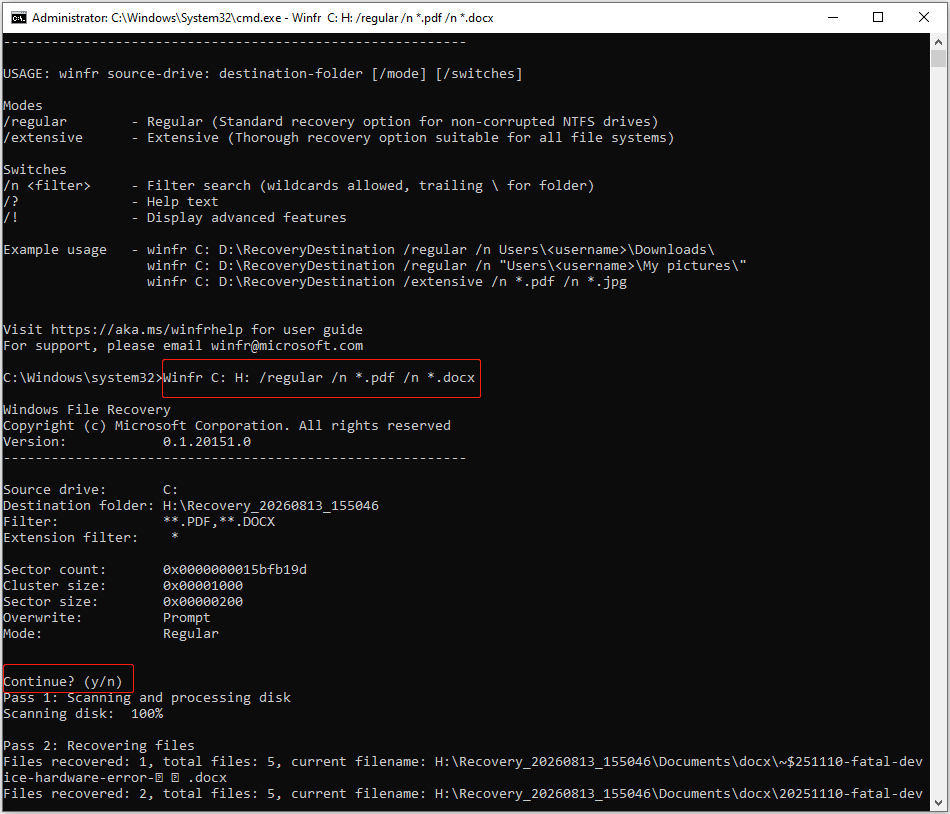 Windows File Recovery window shows the Winfr command to recover PDF and DOCX files.