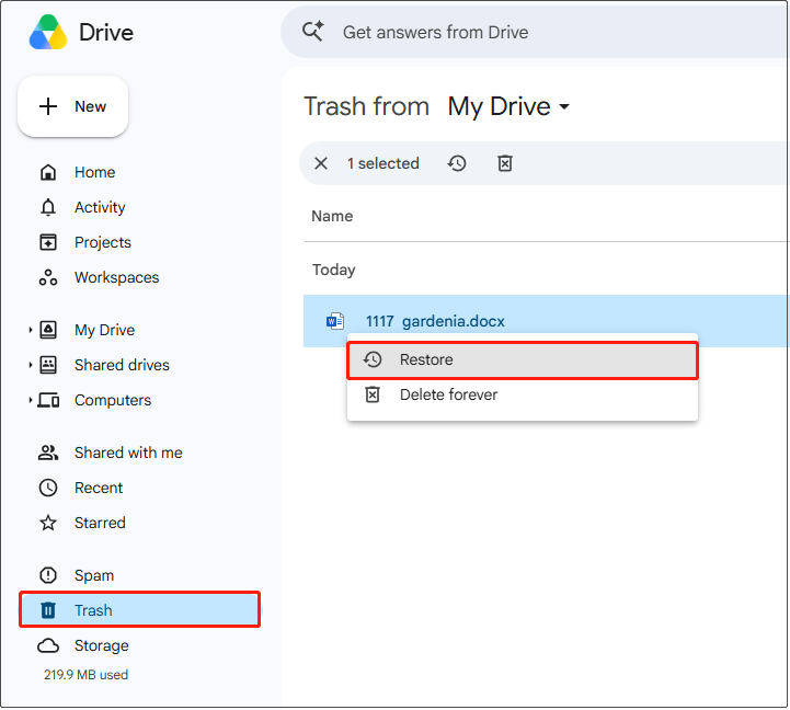 Google Drive window shows a deleted file in Trash, with the Restore button available.