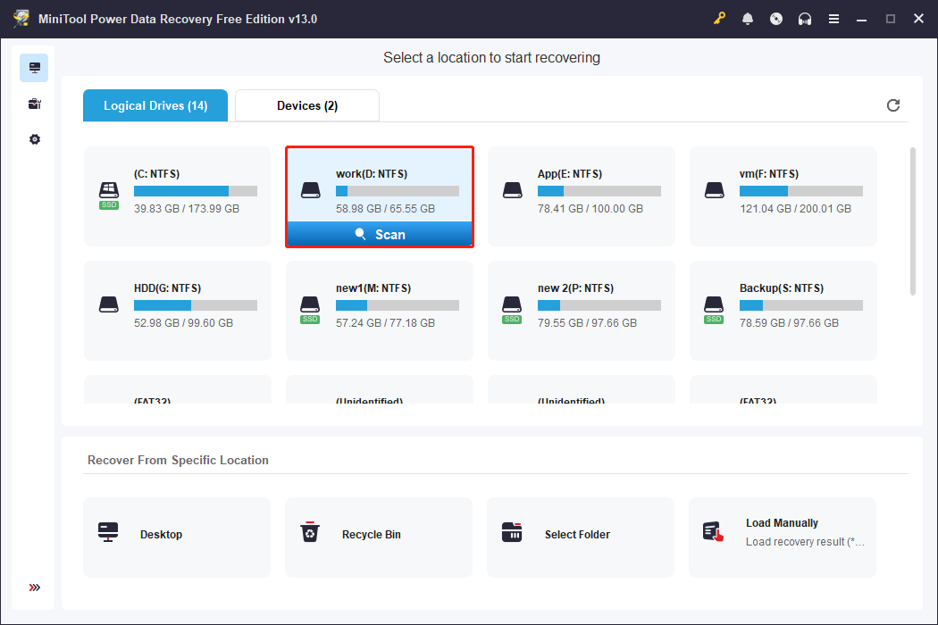 MiniTool Power Data Recovery main interface shows the logical drives and locations ready for scan.