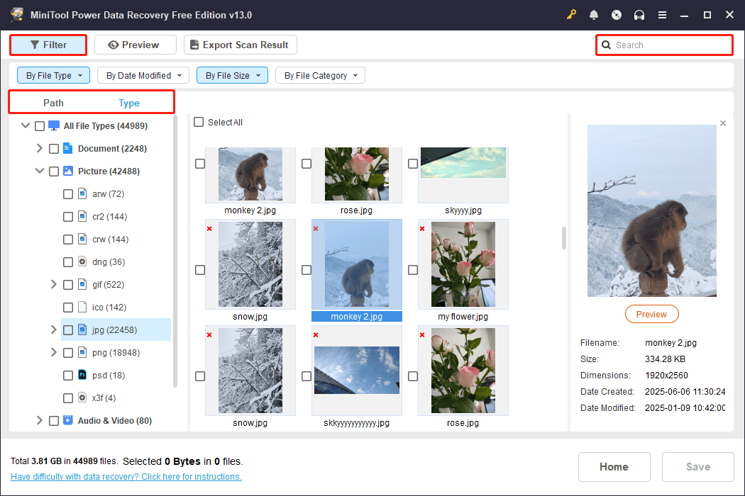 MiniTool Power Data Recovery interface shows the Path, Type, Filter, and Search buttons.