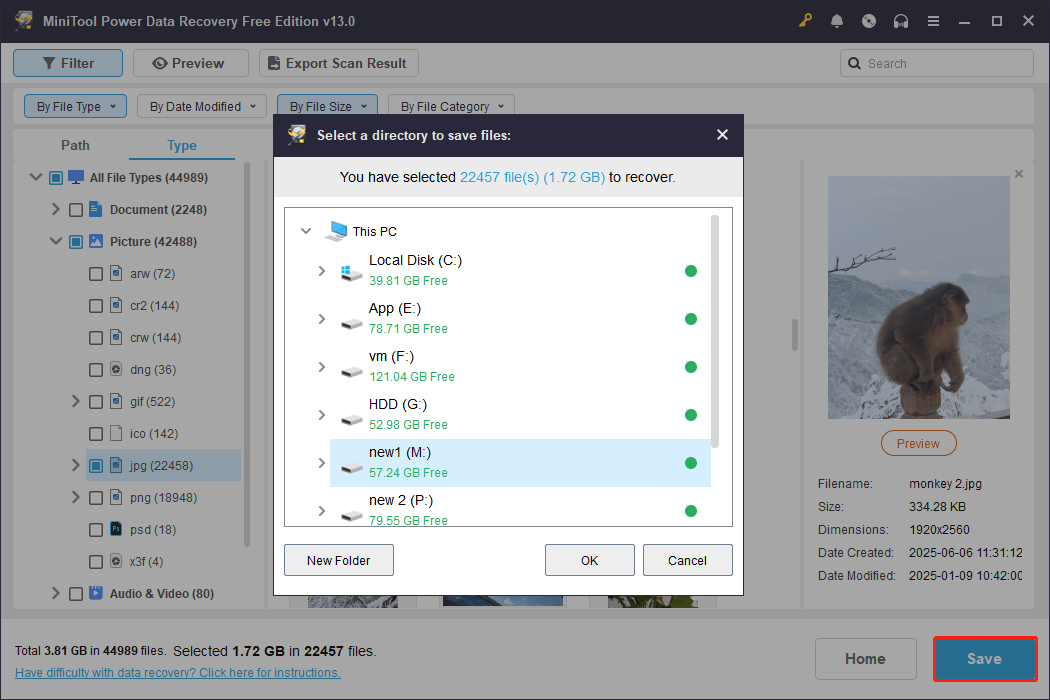 MiniTool Power Data Recovery file saving window shows the Save button and available storage paths.