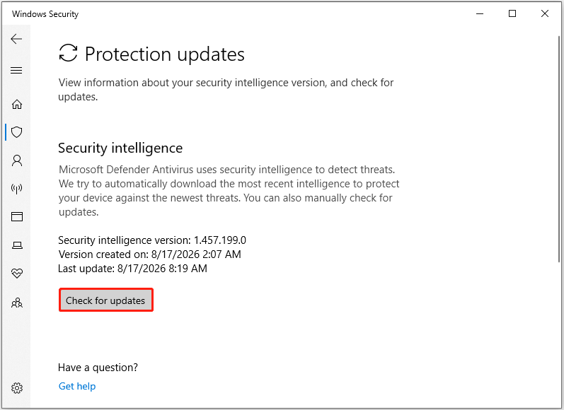 Windows Security window shows the button to check for updates for security intelligence.