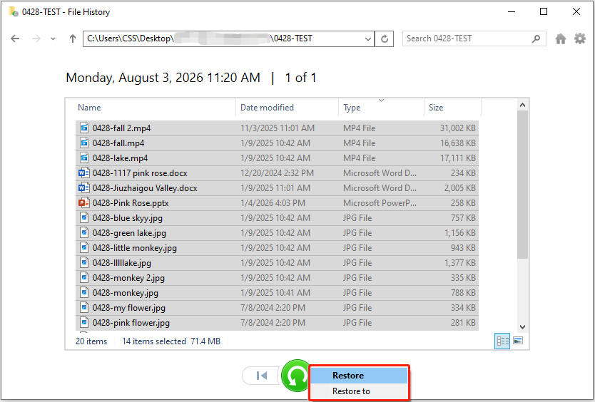 File History interface shows backup files and the Restore button.