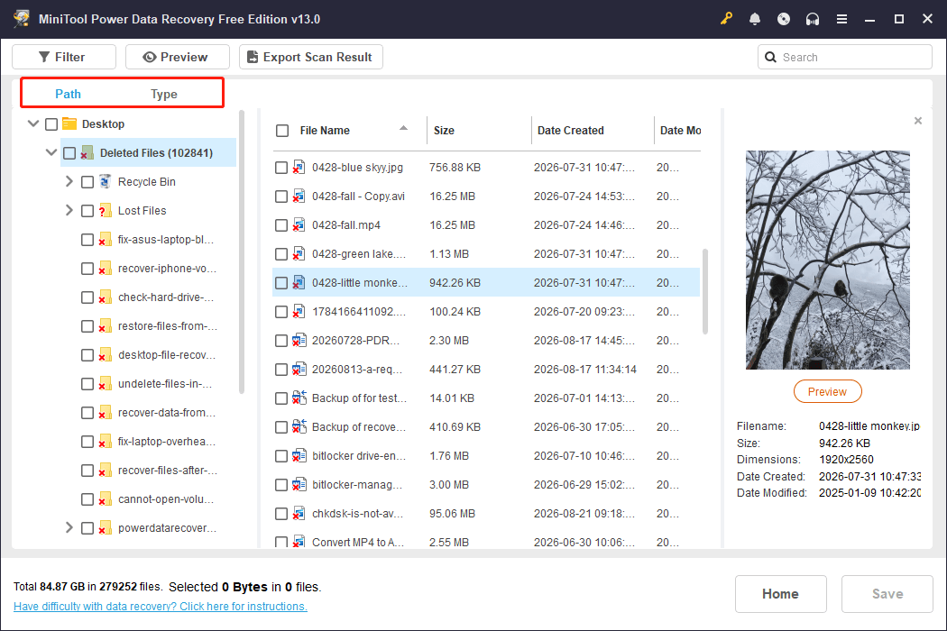 MiniTool Power Data Recovery scan results interface shows recoverable files.