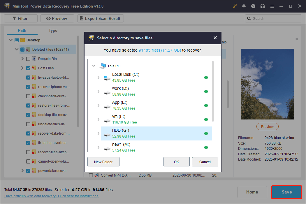 MiniTool Power Data Recovery file saving interface shows available storage locations.