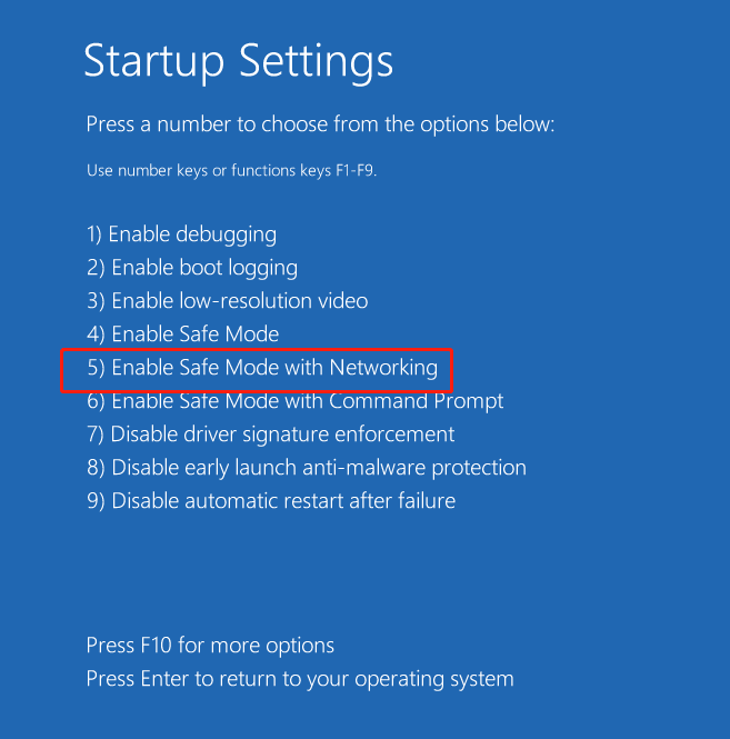 Startup Settings window shows the Enable Safe Mode with Networking option.