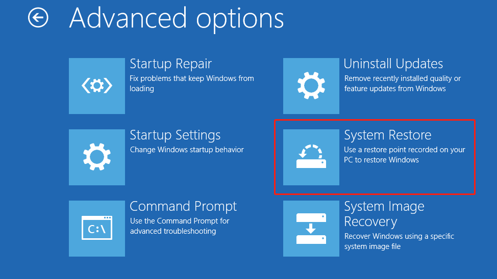 Advanced options window shows the System Restore option.