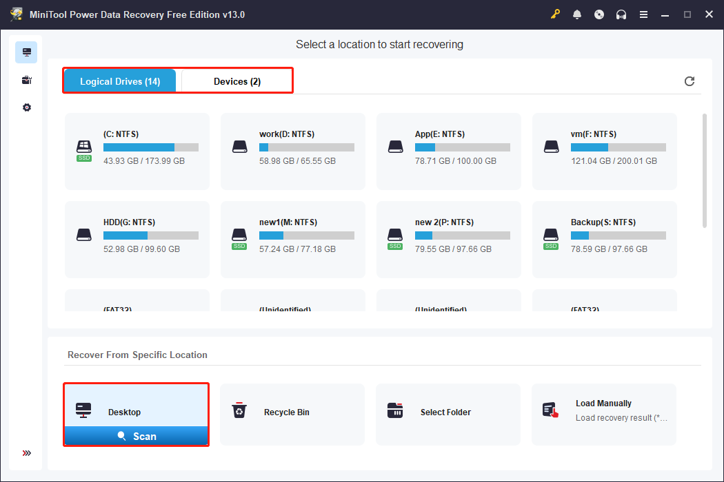 MiniTool Power Data Recovery main interface shows the logical drives and specific locations ready to scan.