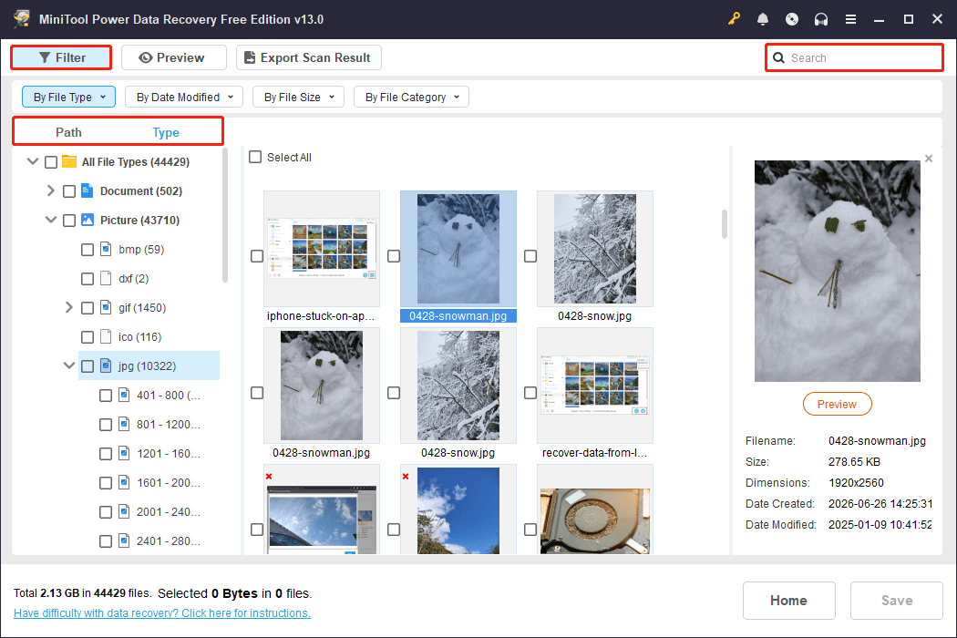 MiniTool Power Data Recovery interface shows the Path, Type, Filter, and Search features.
