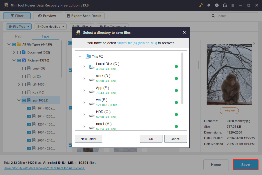 MiniTool Power Data Recovery interface shows the Save button and storage paths.