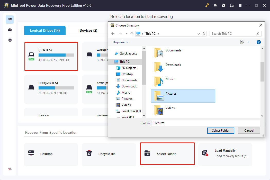MiniTool Power Data Recovery main interface shows how to scan a specific folder and the C drive.