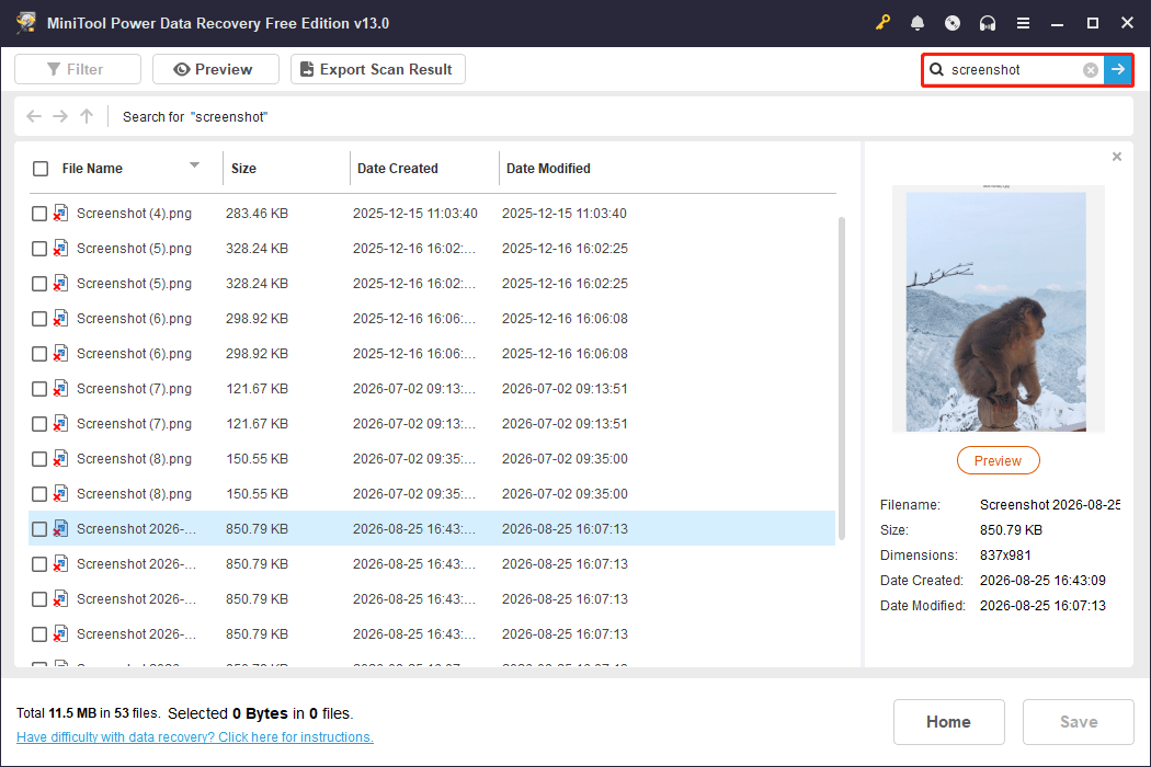 MiniTool Power Data Recovery interface shows the search results for the keyword screenshot.