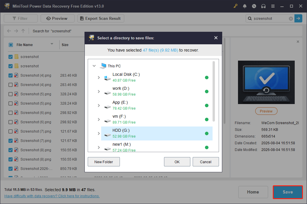 MiniTool Power Data Recovery file saving interface shows available storage paths.
