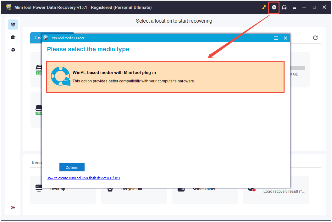The interface of MiniTool Power Data Recovery with selected Bootable Media Builder icon and WinPE-based media with MiniTool plug-in.
