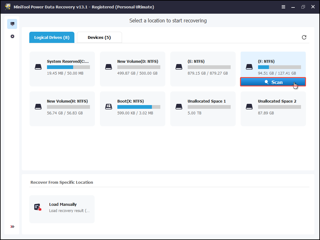 The interface of MiniTool Power Data Recovery with selected Scan.