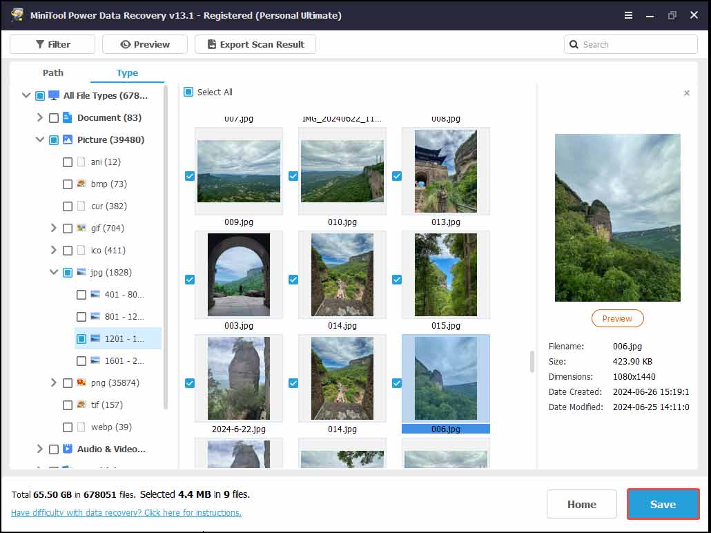 The interface of MiniTool Power Data Recovery with selected Save.