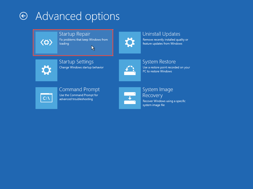 The Advanced options screen in WinRE with selected Startup Repair.
