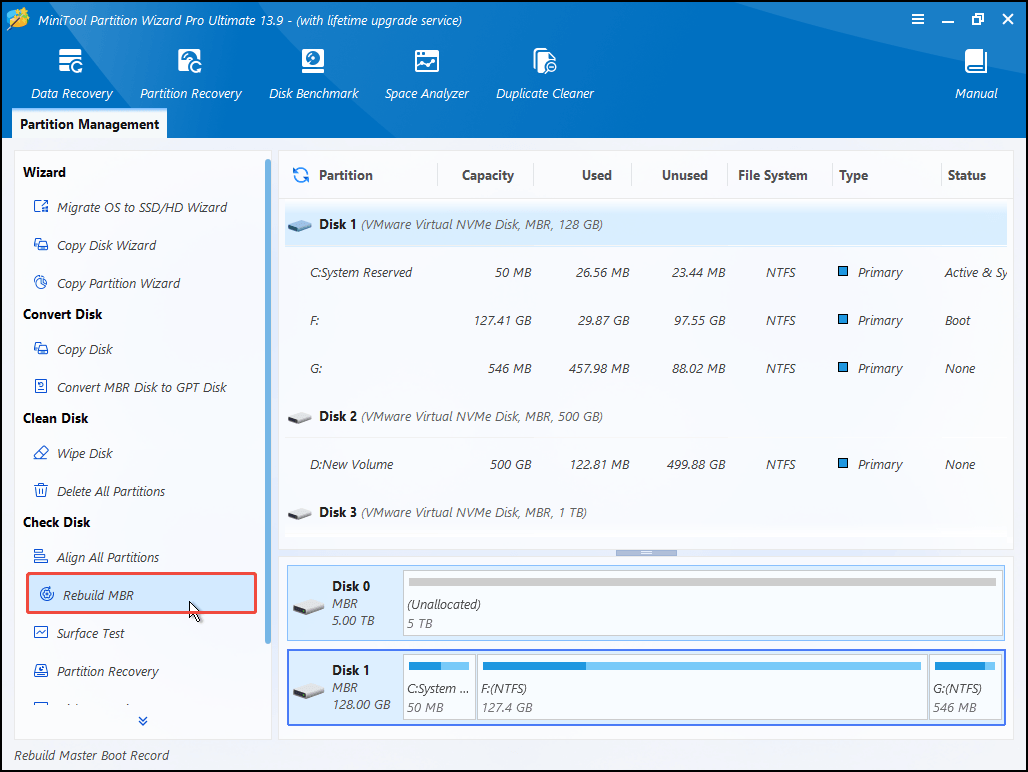 The interface of MiniTool Partition Wizard in WinRE with selected Rebuild MBR.