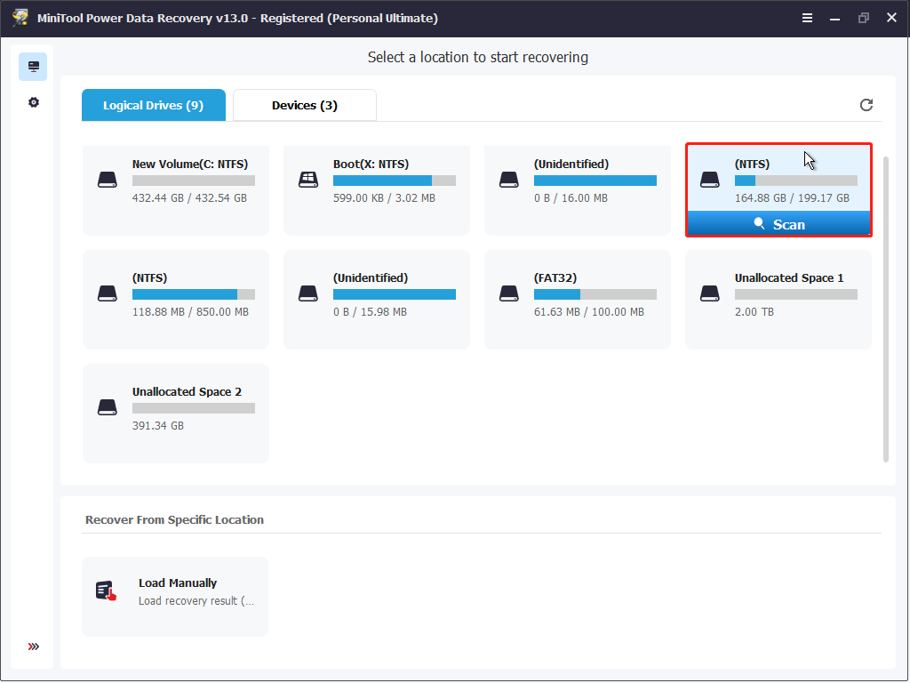 MiniTool Power Data Recovery interface shows available disk partitions to scan.