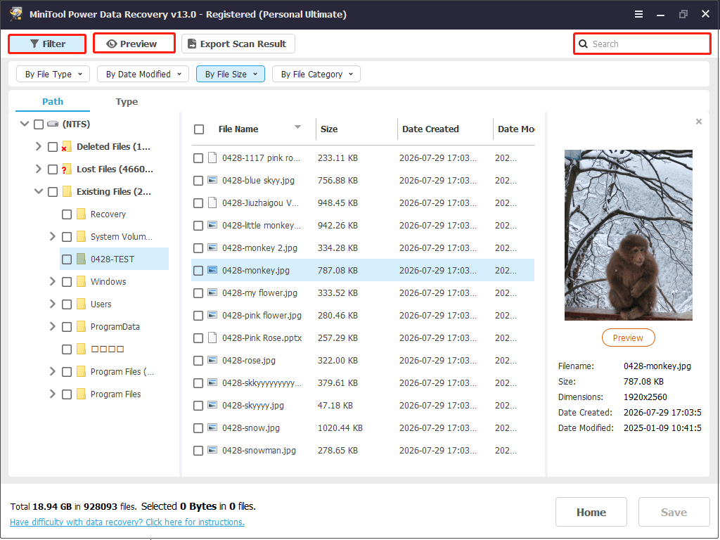 MiniTool Power Data Recovery interface shows the scan results and the Filter, Preview, and Search features.