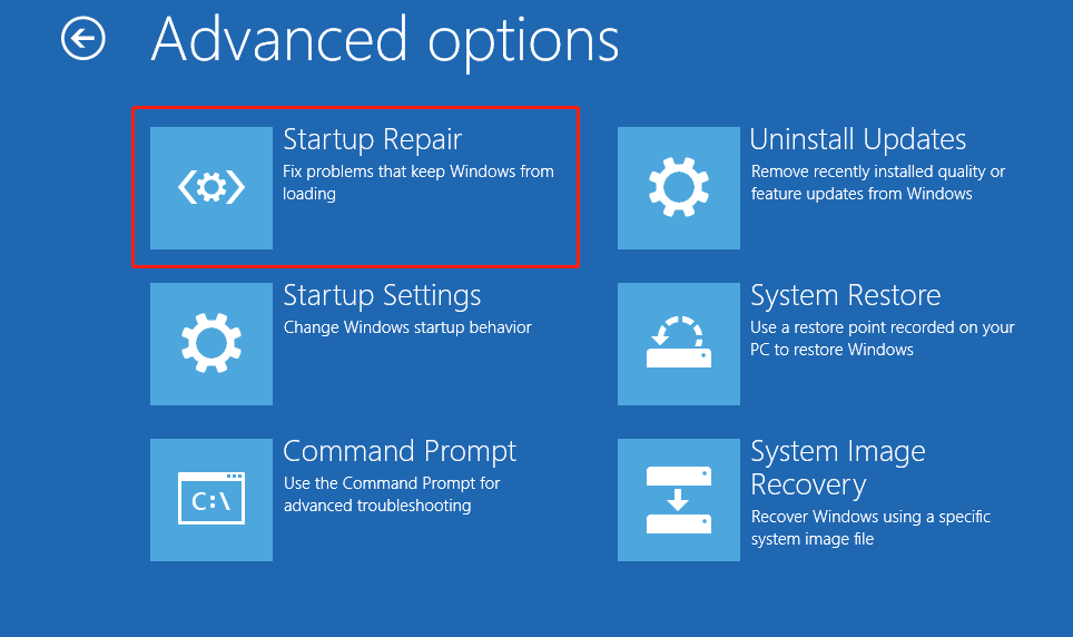 Advanced options interface shows the Startup Repair feature and several other recovery options.