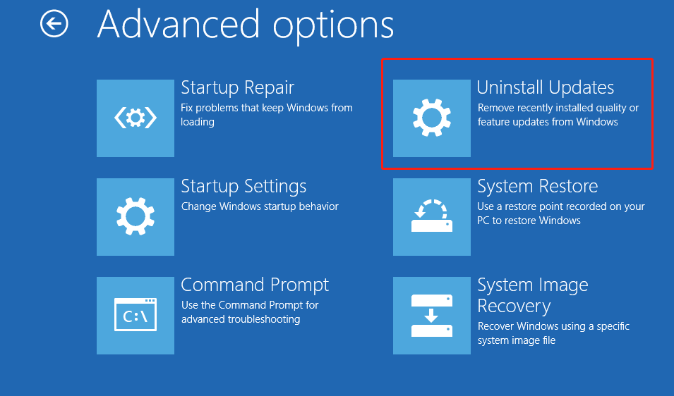 Advanced options window shows the Uninstall Updates option and several other recovery options.