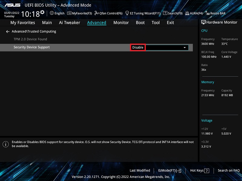 ASUS UEFI BIOS Utility interface shows the Security Device Support option and the Disable button.