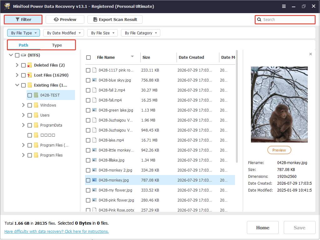 MiniTool Power Data Recovery scan results interface shows the Path, Type, Filter, and Search features.