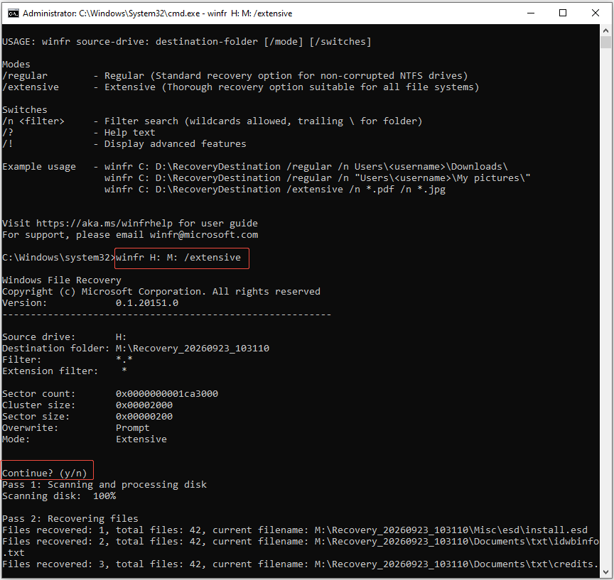 Windows File Recovery interface shows the Winfr command to recover files using Extensive mode.