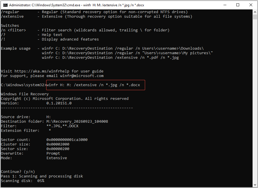 Windows File Recovery interface shows the Winfr command to recover JPG and DOCX files.