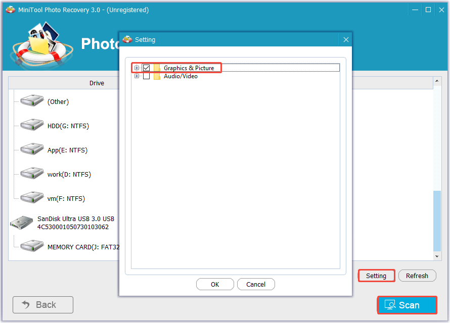 MiniTool Photo Recovery interface shows the Setting and Scan buttons.
