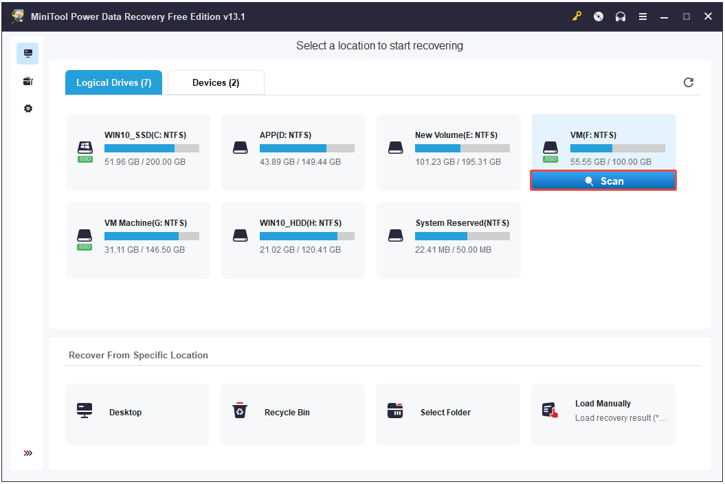 The interface of MiniTool Power Data Recovery with selected Scan.