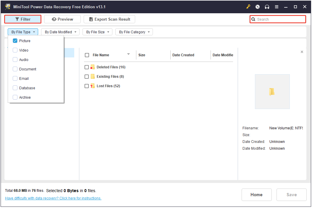 The interface of MiniTool Power Data Recovery with selected Filter and Search.