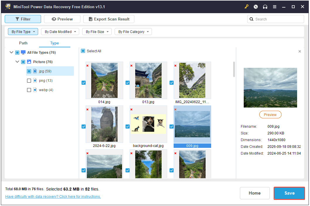 The interface of MiniTool Power Data Recovery with selected Save.