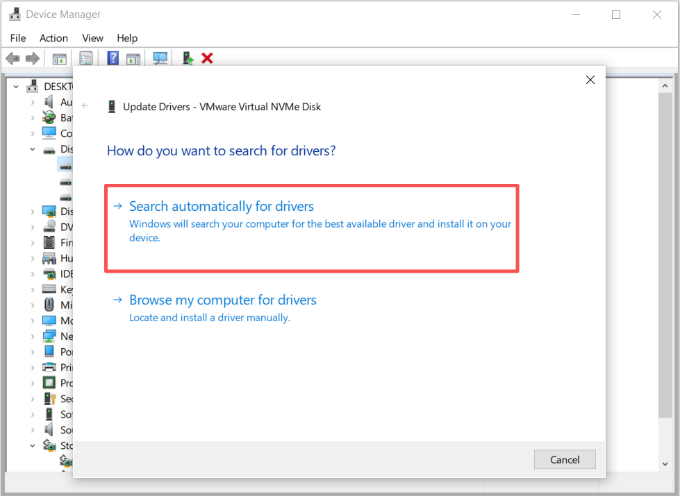 The interface of Device Manager with selected Search automatically for drivers.