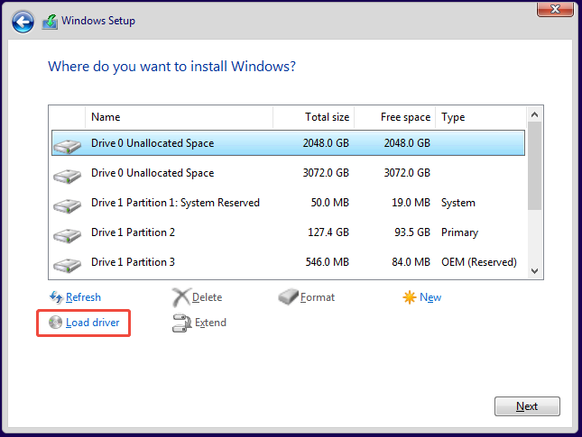 The interface of Windows Setup in WinRE with selected Load driver.