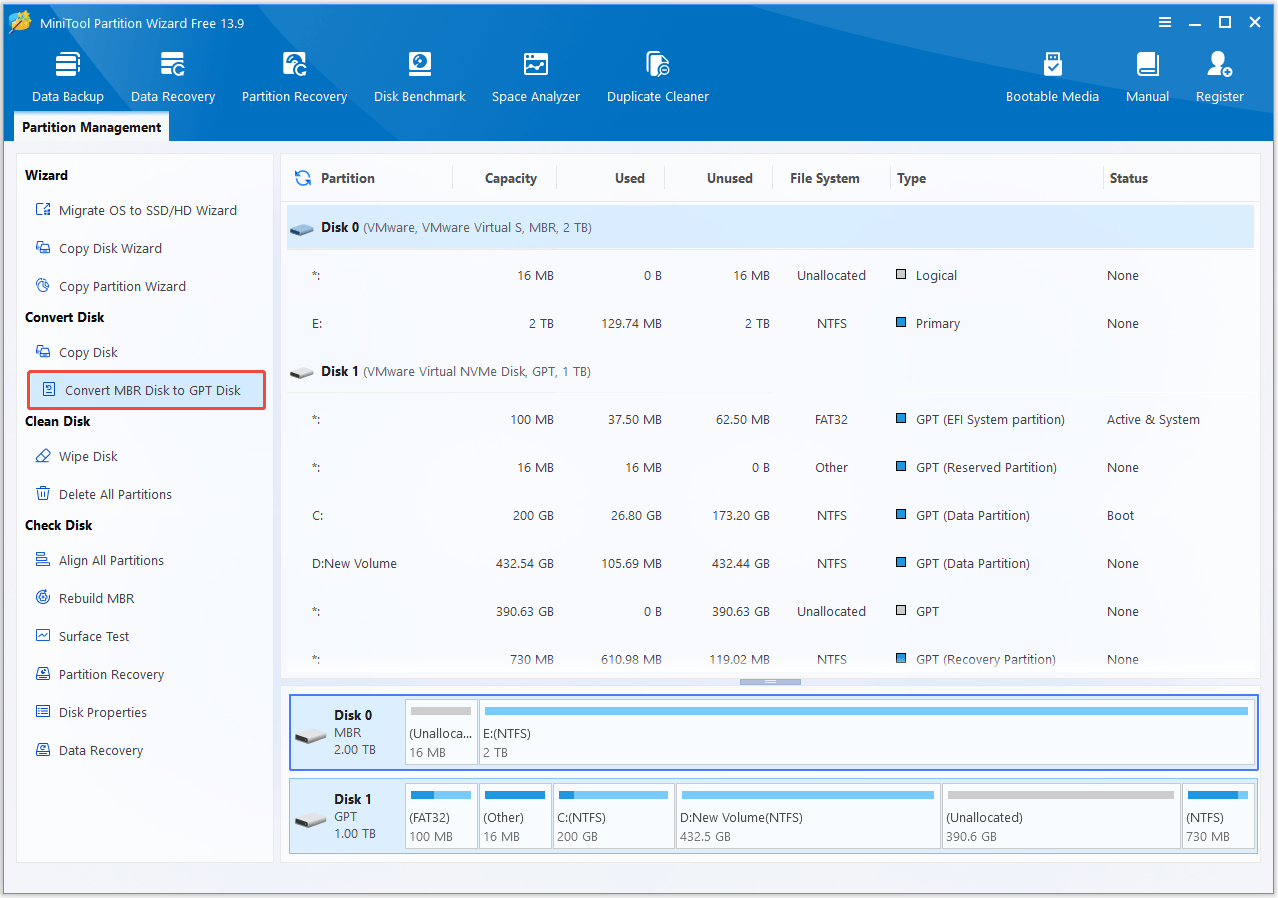 The interface of MiniTool Partition Wizard with selected Convert MBR Disk to GPT Disk.
