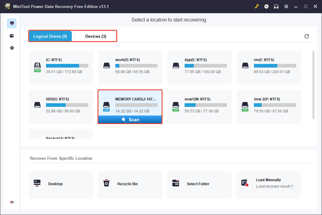 MiniTool Power Data Recovery main interface shows detected disk drives and the Scan button.