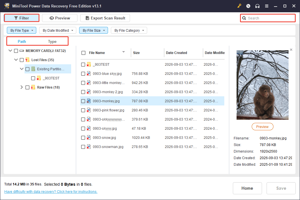 MiniTool Power Data Recovery interface shows t he Path, Type, Filter, and Search features.