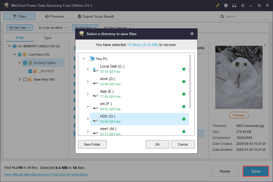 MiniTool Power Data Recovery interface shows the Save button and available storage paths.