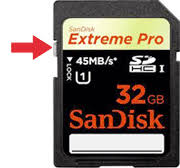 SanDisk SD card shows the physical lock switch.