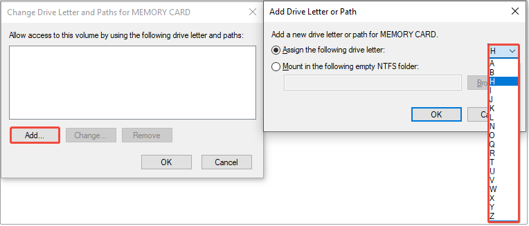 Change Drive Letter and Paths interface shows the Add button and available drive letters.