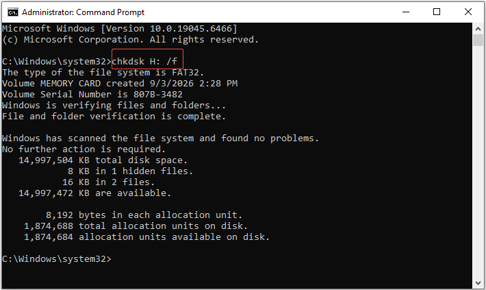 Command Prompt window shows the CHKDSK command to repair the H: drive.